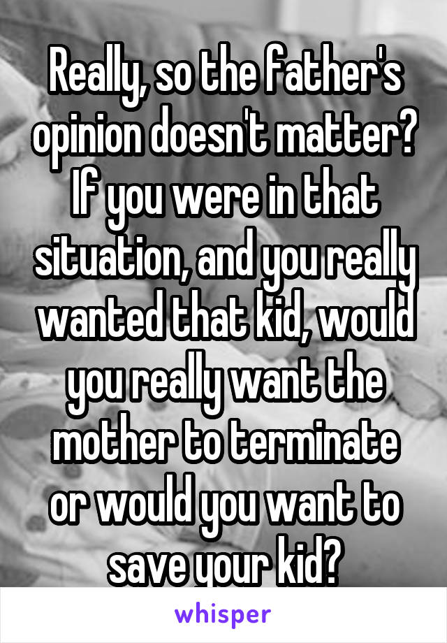 Really, so the father's opinion doesn't matter? If you were in that situation, and you really wanted that kid, would you really want the mother to terminate or would you want to save your kid?