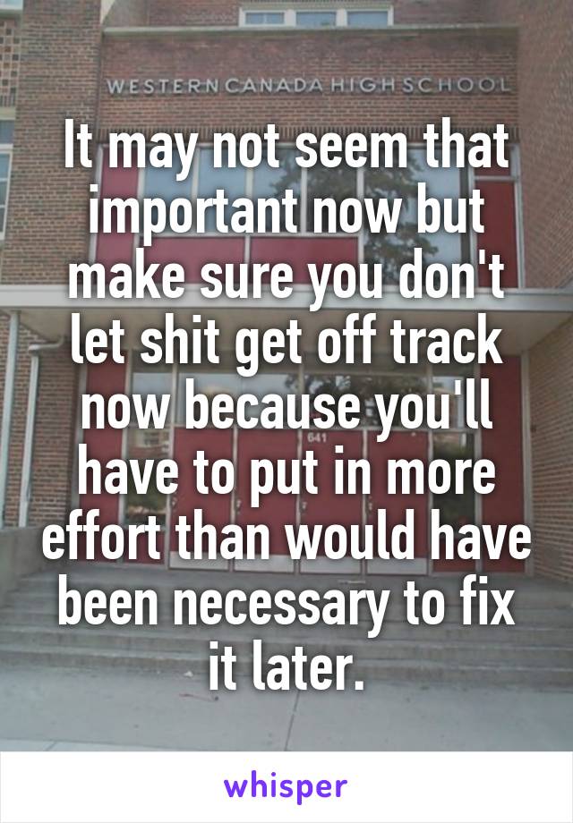 It may not seem that important now but make sure you don't let shit get off track now because you'll have to put in more effort than would have been necessary to fix it later.