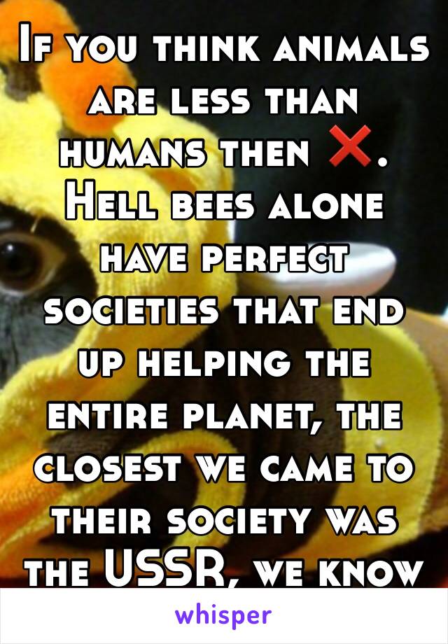 If you think animals are less than humans then ❌. Hell bees alone have perfect societies that end up helping the entire planet, the closest we came to their society was the USSR, we know how that went