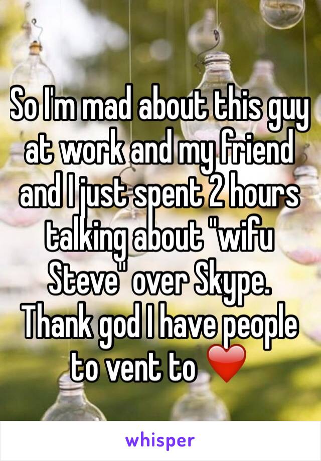 So I'm mad about this guy at work and my friend and I just spent 2 hours talking about "wifu Steve" over Skype.  Thank god I have people to vent to ❤️