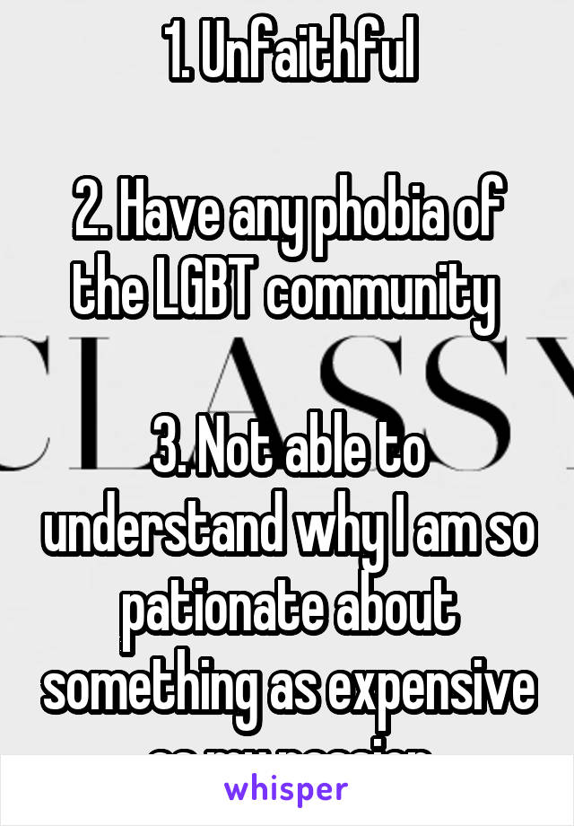 1. Unfaithful

2. Have any phobia of the LGBT community 

3. Not able to understand why I am so pationate about something as expensive as my passion