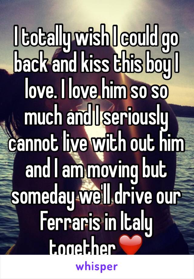 I totally wish I could go back and kiss this boy I love. I love him so so much and I seriously cannot live with out him and I am moving but someday we'll drive our Ferraris in Italy together❤️