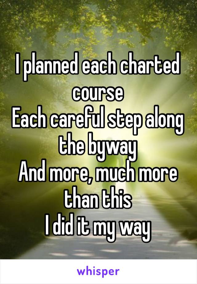 I planned each charted course Each careful step along the byway And more, much more than this I did it my way