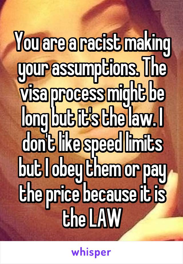 You are a racist making your assumptions. The visa process might be long but it's the law. I don't like speed limits but I obey them or pay the price because it is the LAW