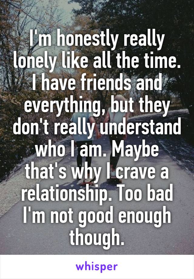 I'm honestly really lonely like all the time. I have friends and everything, but they don't really understand who I am. Maybe that's why I crave a relationship. Too bad I'm not good enough though.