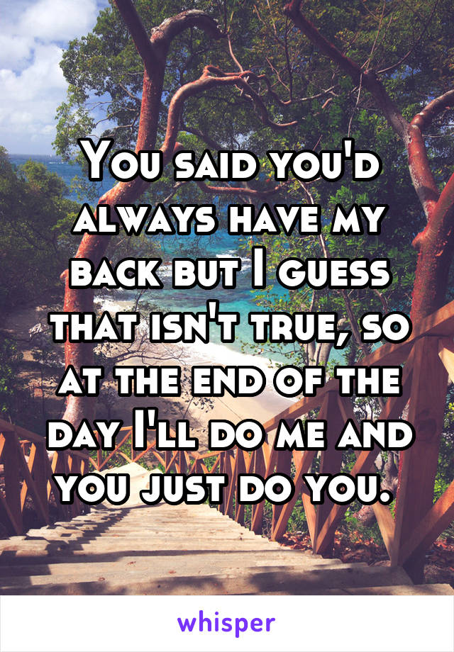 You said you'd always have my back but I guess that isn't true, so at the end of the day I'll do me and you just do you. 