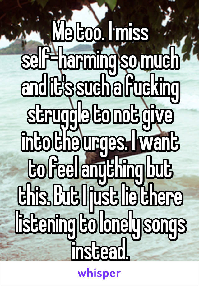 Me too. I miss self-harming so much and it's such a fucking struggle to not give into the urges. I want to feel anything but this. But I just lie there listening to lonely songs instead.