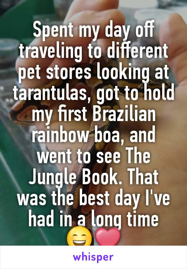 Spent my day off traveling to different pet stores looking at tarantulas, got to hold my first Brazilian rainbow boa, and went to see The Jungle Book. That was the best day I've had in a long time 😄❤