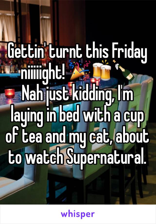 Gettin' turnt this Friday niiiiight! 🎉🍻🍾
Nah just kidding, I'm laying in bed with a cup of tea and my cat, about to watch Supernatural. 