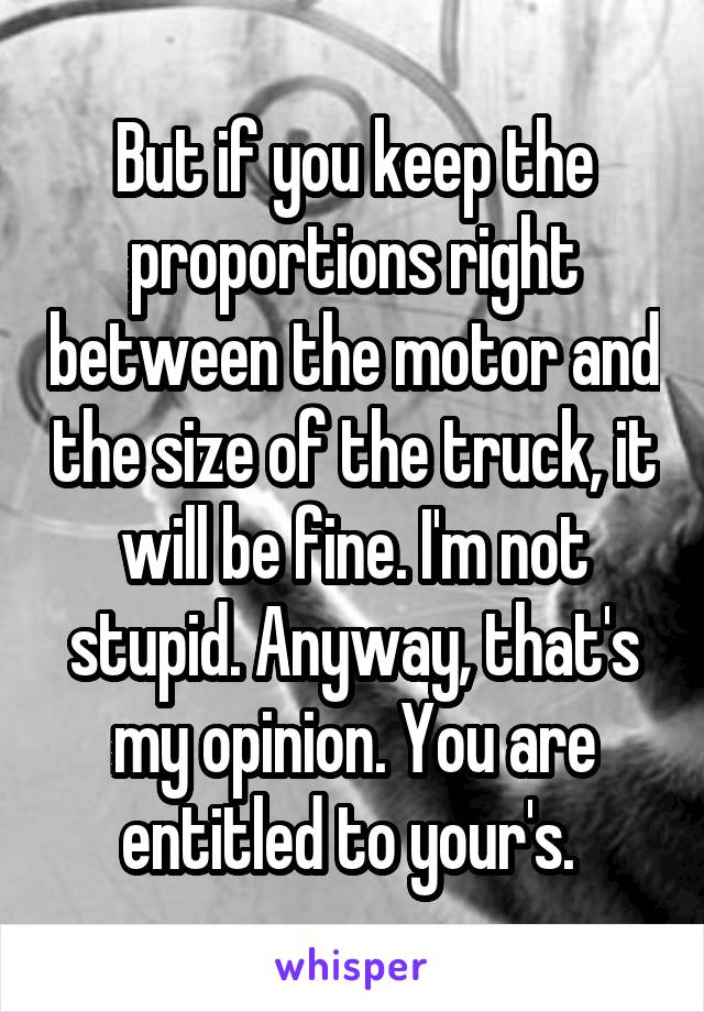 But if you keep the proportions right between the motor and the size of the truck, it will be fine. I'm not stupid. Anyway, that's my opinion. You are entitled to your's. 