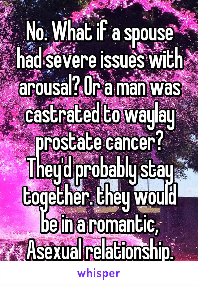 No. What if a spouse had severe issues with arousal? Or a man was castrated to waylay prostate cancer? They'd probably stay together. they would be in a romantic, Asexual relationship.