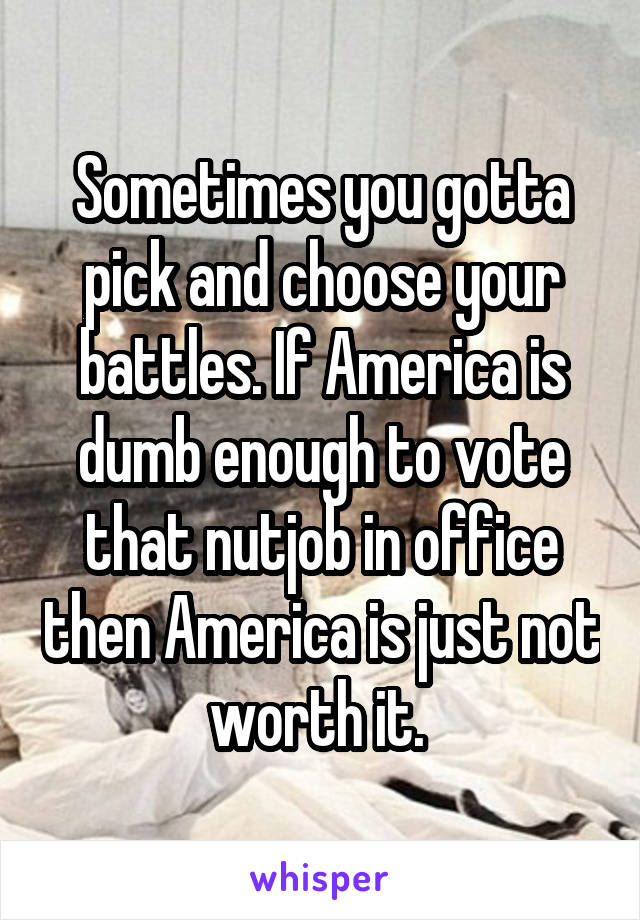 Sometimes you gotta pick and choose your battles. If America is dumb enough to vote that nutjob in office then America is just not worth it. 