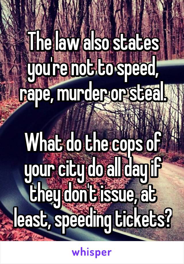 The law also states you're not to speed, rape, murder or steal.

What do the cops of your city do all day if they don't issue, at least, speeding tickets?