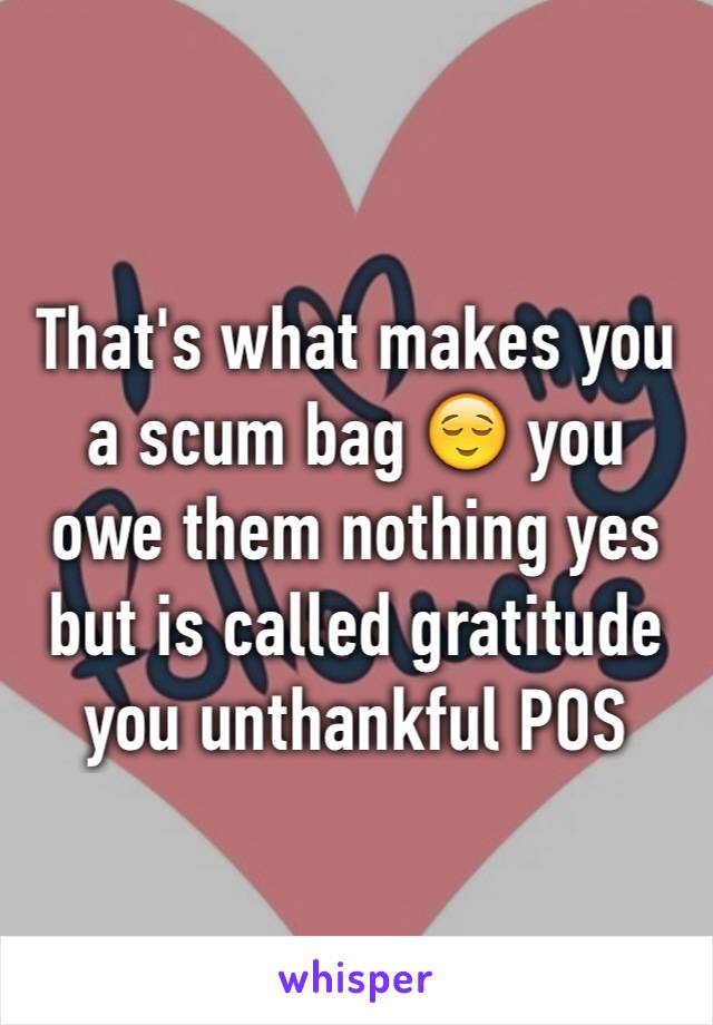 That's what makes you a scum bag 😌 you owe them nothing yes but is called gratitude you unthankful POS