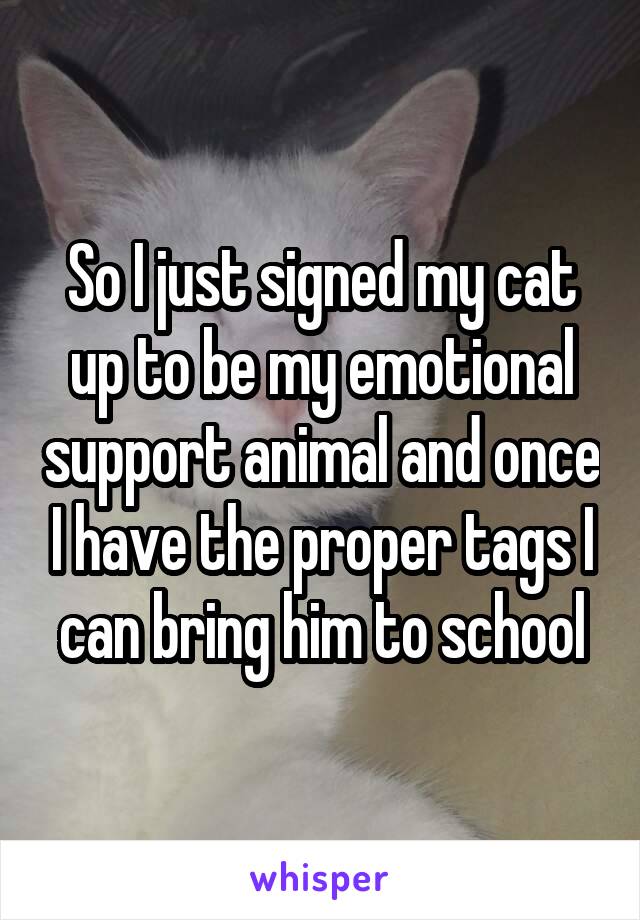 So I just signed my cat up to be my emotional support animal and once I have the proper tags I can bring him to school