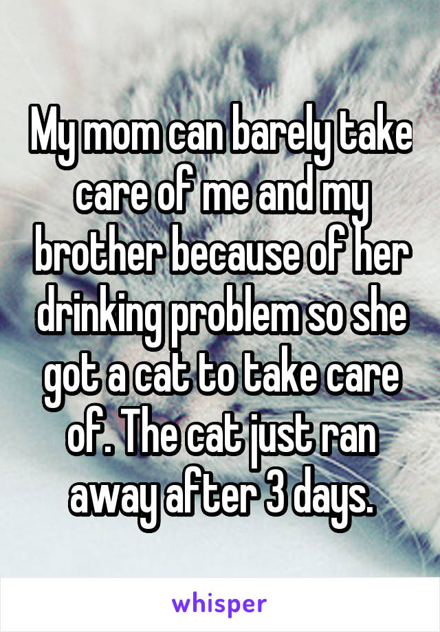 My mom can barely take care of me and my brother because of her drinking problem so she got a cat to take care of. The cat just ran away after 3 days.