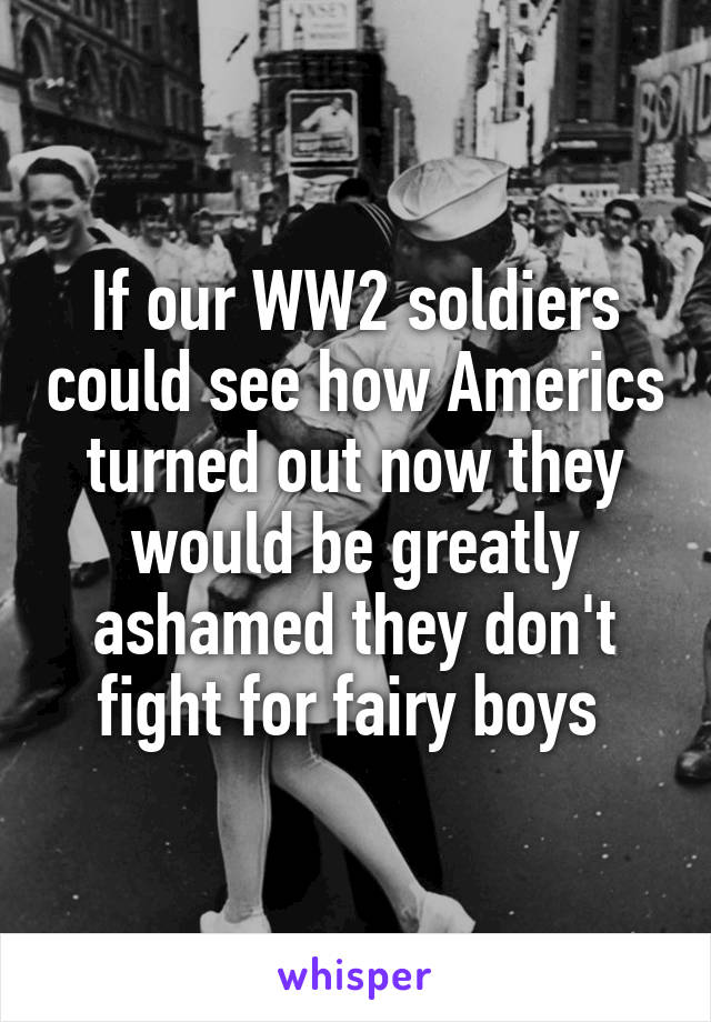 If our WW2 soldiers could see how Americs turned out now they would be greatly ashamed they don't fight for fairy boys 