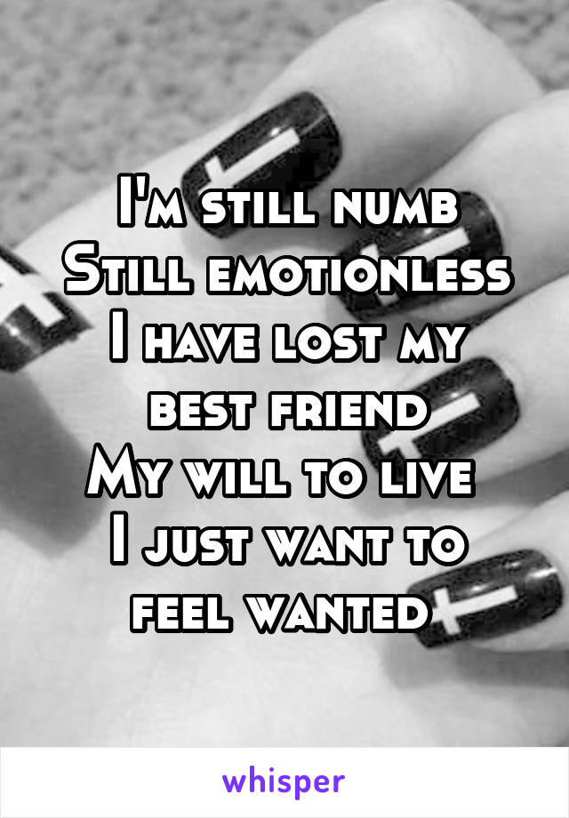 I'm still numb
Still emotionless
I have lost my best friend
My will to live 
I just want to feel wanted 