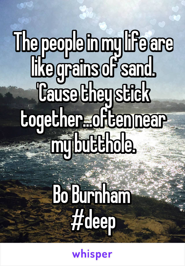 The people in my life are like grains of sand. 'Cause they stick together...often near my butthole.

Bo Burnham 
#deep
