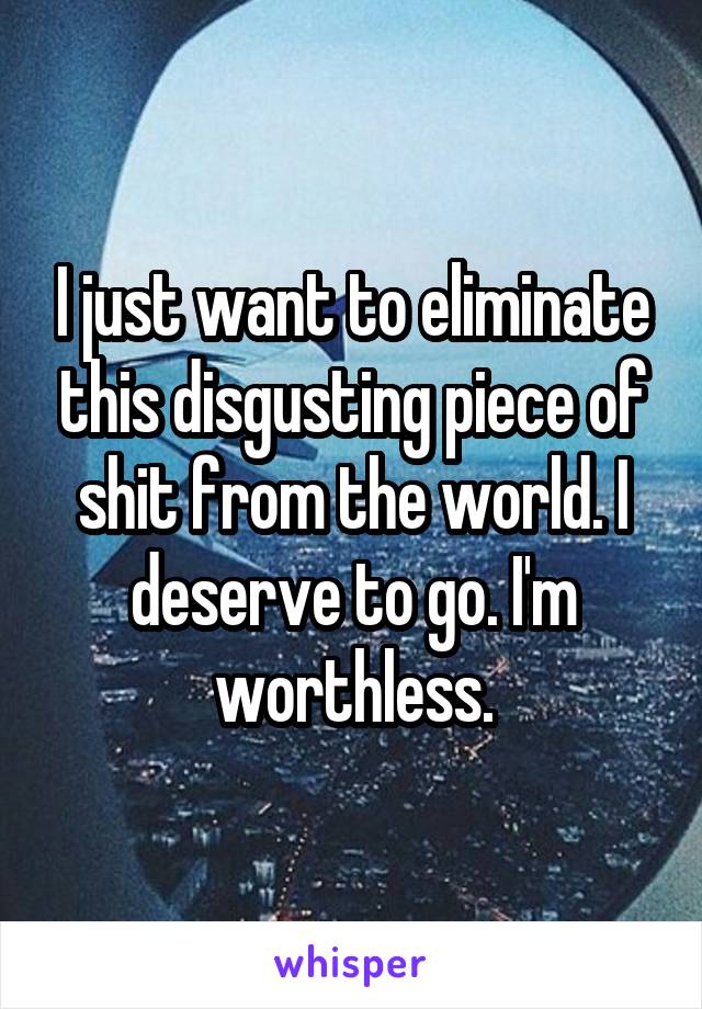 I just want to eliminate this disgusting piece of shit from the world. I deserve to go. I'm worthless.
