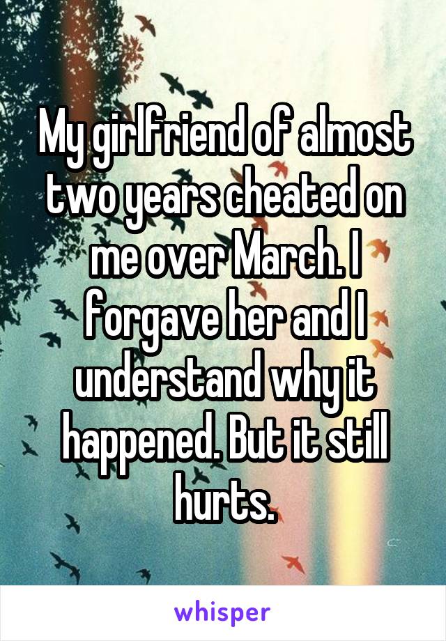 My girlfriend of almost two years cheated on me over March. I forgave her and I understand why it happened. But it still hurts.