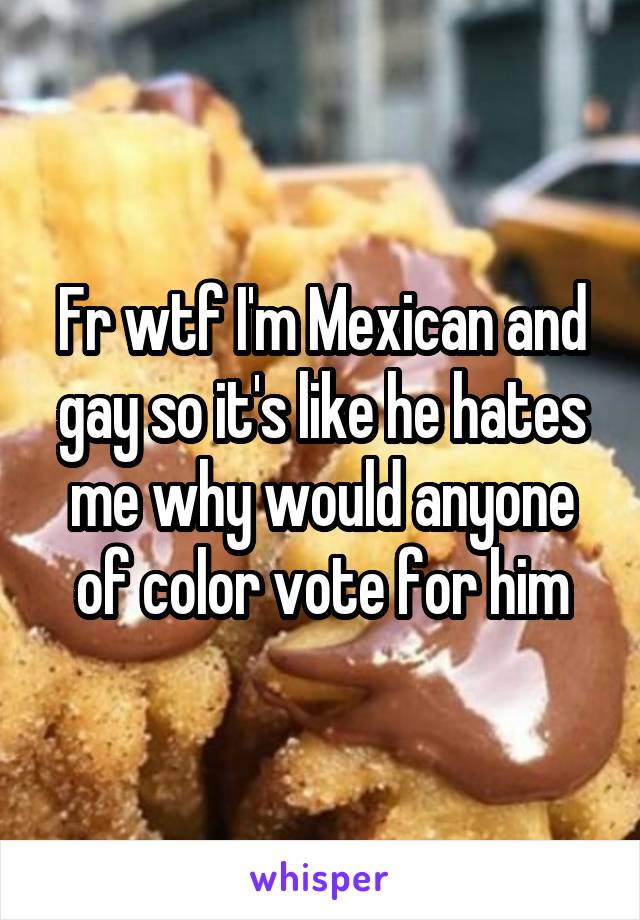 Fr wtf I'm Mexican and gay so it's like he hates me why would anyone of color vote for him