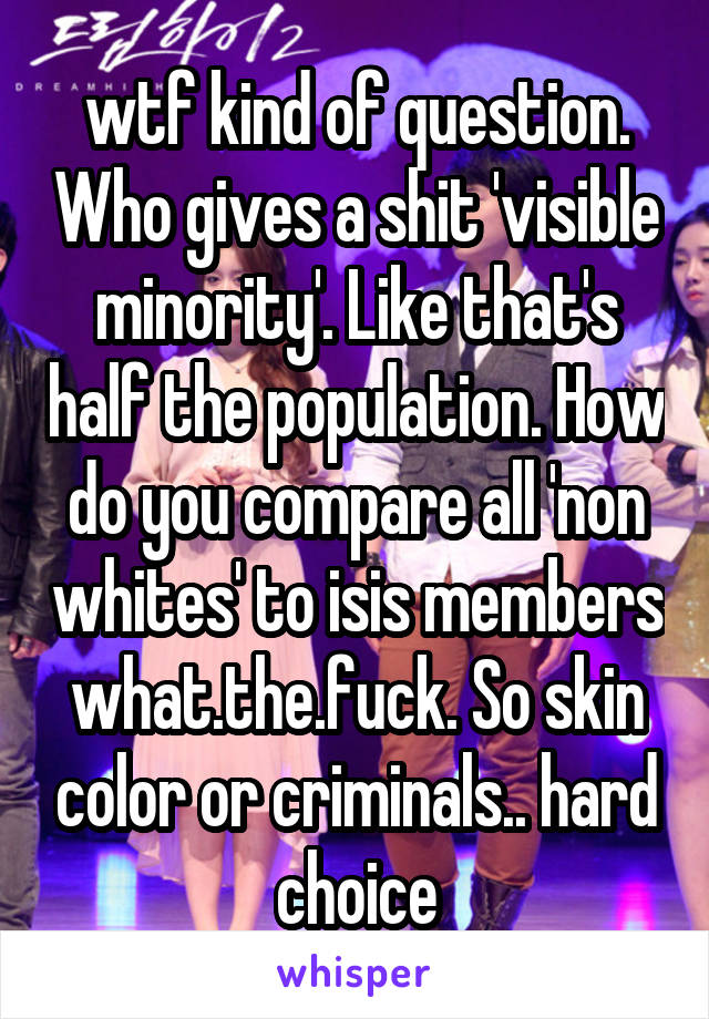 wtf kind of question. Who gives a shit 'visible minority'. Like that's half the population. How do you compare all 'non whites' to isis members what.the.fuck. So skin color or criminals.. hard choice