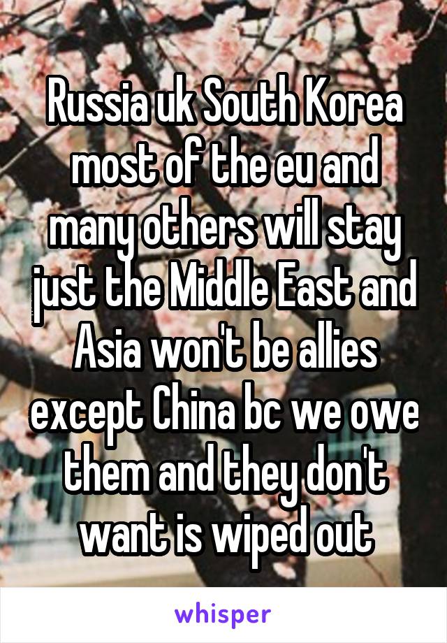 Russia uk South Korea most of the eu and many others will stay just the Middle East and Asia won't be allies except China bc we owe them and they don't want is wiped out