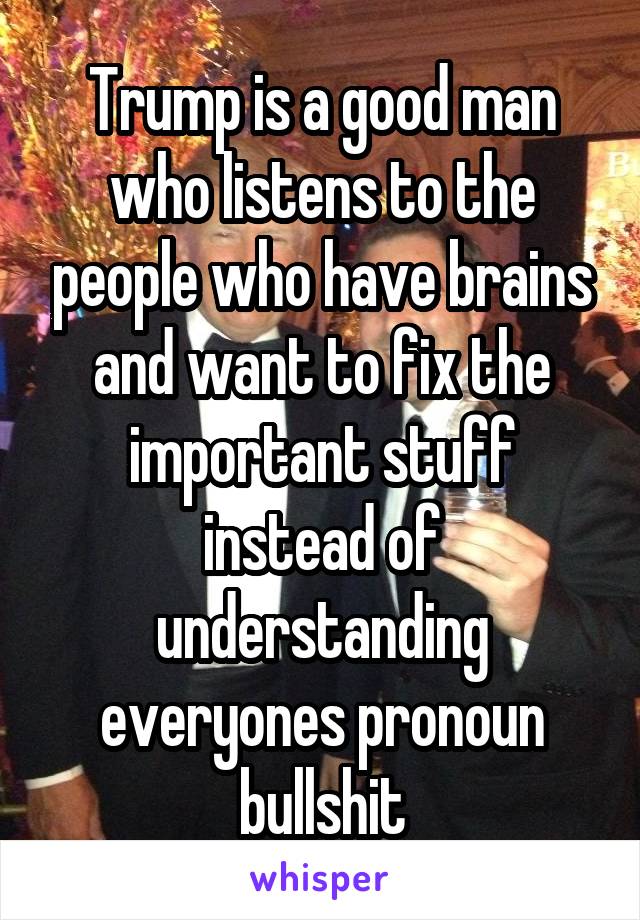 Trump is a good man who listens to the people who have brains and want to fix the important stuff instead of understanding everyones pronoun bullshit