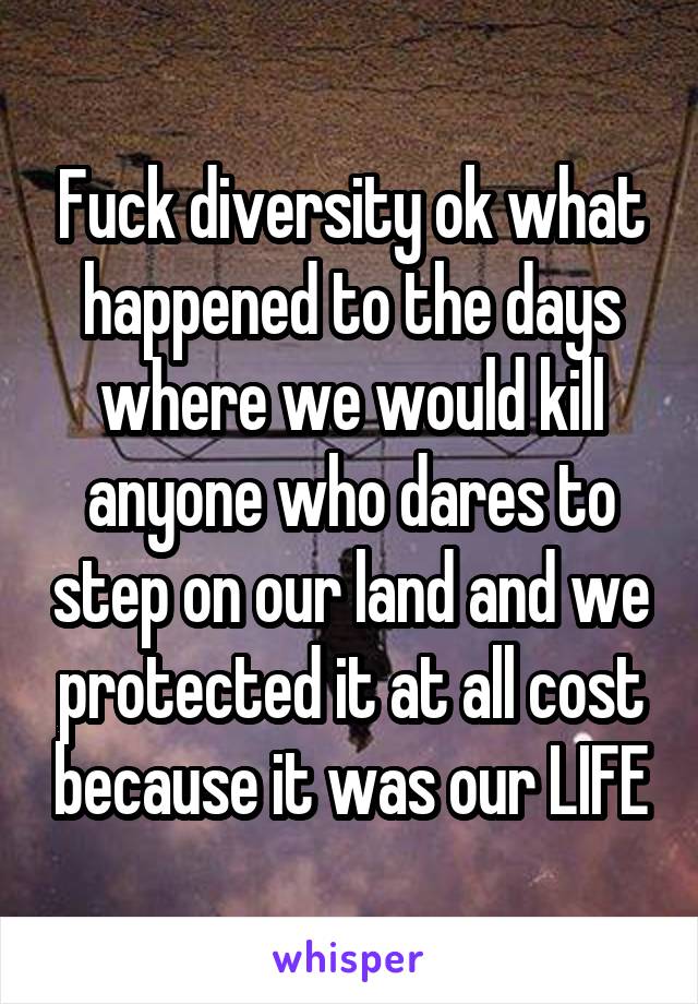 Fuck diversity ok what happened to the days where we would kill anyone who dares to step on our land and we protected it at all cost because it was our LIFE