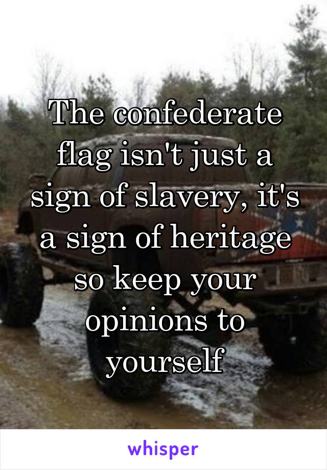 The confederate flag isn't just a sign of slavery, it's a sign of heritage so keep your opinions to yourself