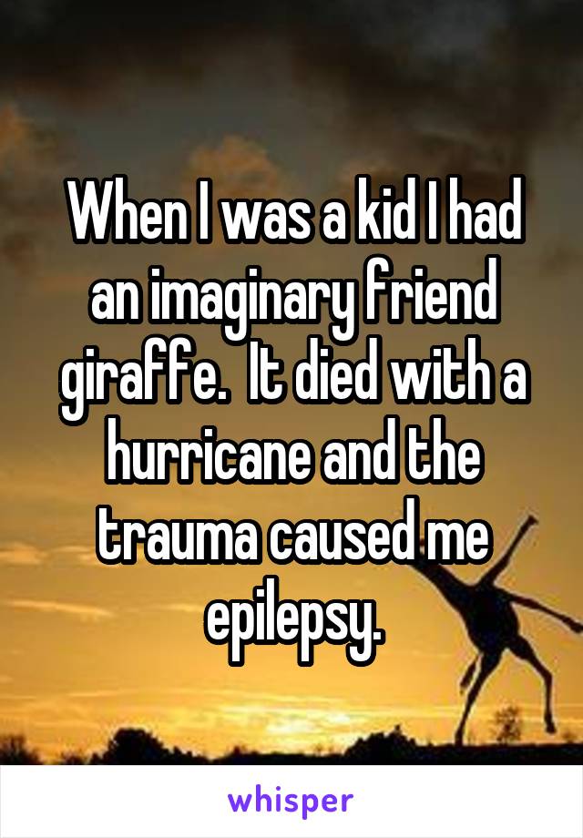 When I was a kid I had an imaginary friend giraffe.  It died with a hurricane and the trauma caused me epilepsy.