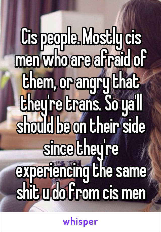 Cis people. Mostly cis men who are afraid of them, or angry that they're trans. So ya'll should be on their side since they're experiencing the same shit u do from cis men