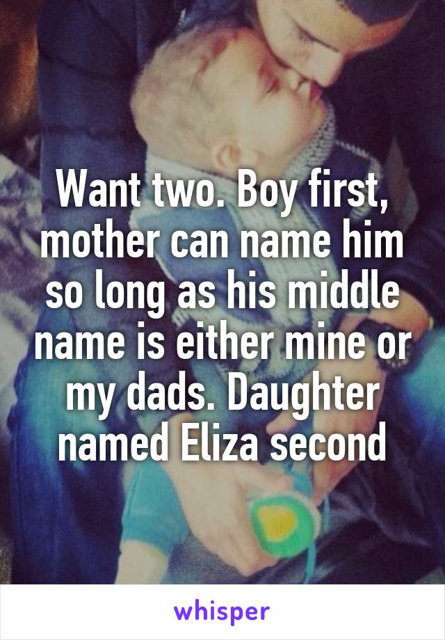 Want two. Boy first, mother can name him so long as his middle name is either mine or my dads. Daughter named Eliza second