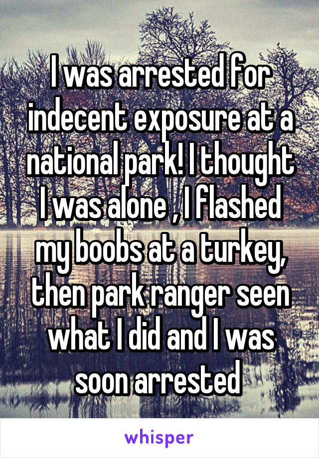 I was arrested for indecent exposure at a national park! I thought I was alone , I flashed my boobs at a turkey, then park ranger seen what I did and I was soon arrested 