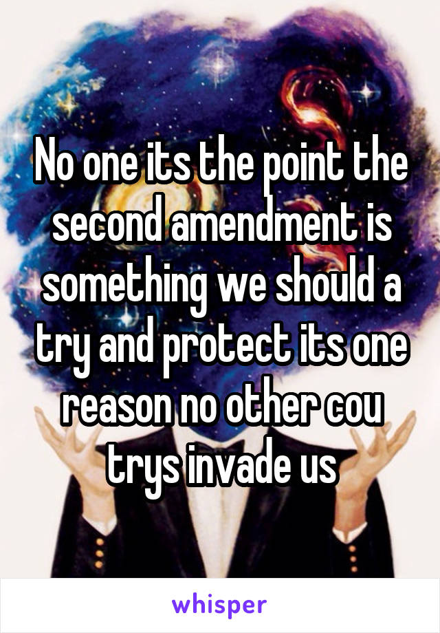 No one its the point the second amendment is something we should a try and protect its one reason no other cou trys invade us