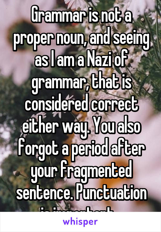 Grammar is not a proper noun, and seeing as I am a Nazi of grammar, that is considered correct either way. You also forgot a period after your fragmented sentence. Punctuation is important...