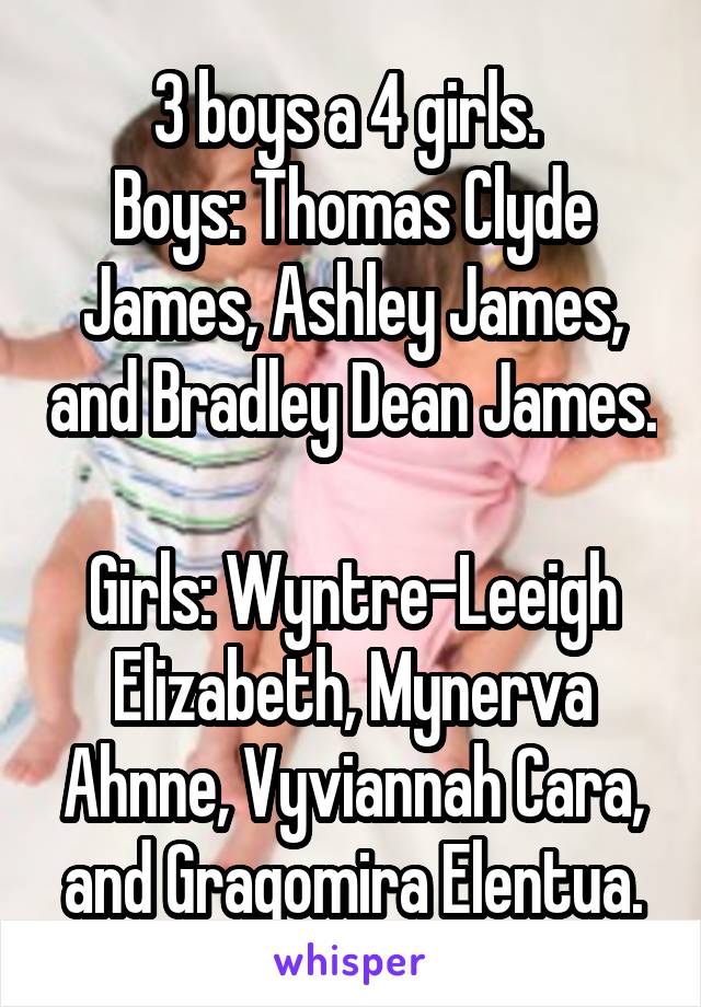 3 boys a 4 girls. 
Boys: Thomas Clyde James, Ashley James, and Bradley Dean James. 
Girls: Wyntre-Leeigh Elizabeth, Mynerva Ahnne, Vyviannah Cara, and Gragomira Elentua.