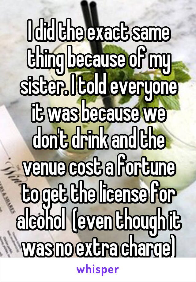 I did the exact same thing because of my sister. I told everyone it was because we don't drink and the venue cost a fortune to get the license for alcohol  (even though it was no extra charge)