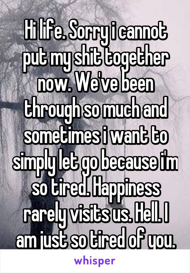 Hi life. Sorry i cannot put my shit together now. We've been through so much and sometimes i want to simply let go because i'm so tired. Happiness rarely visits us. Hell. I am just so tired of you.