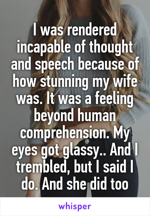 I was rendered incapable of thought and speech because of how stunning my wife was. It was a feeling beyond human comprehension. My eyes got glassy.. And I trembled, but I said I do. And she did too