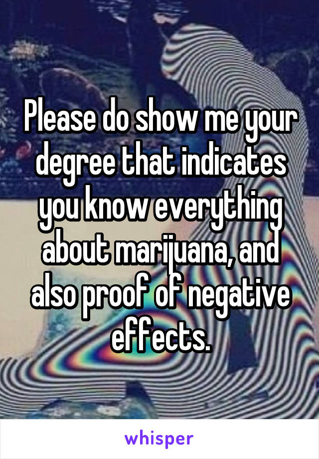 Please do show me your degree that indicates you know everything about marijuana, and also proof of negative effects.