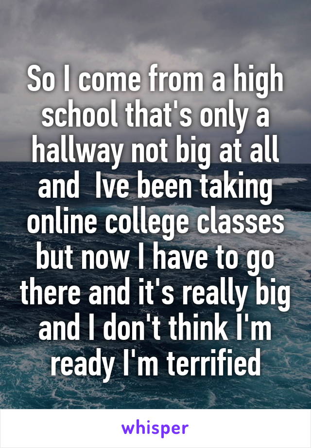 So I come from a high school that's only a hallway not big at all and  Ive been taking online college classes but now I have to go there and it's really big and I don't think I'm ready I'm terrified