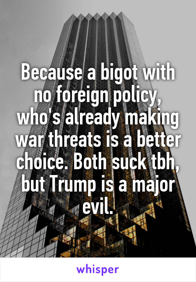 Because a bigot with no foreign policy, who's already making war threats is a better choice. Both suck tbh, but Trump is a major evil.