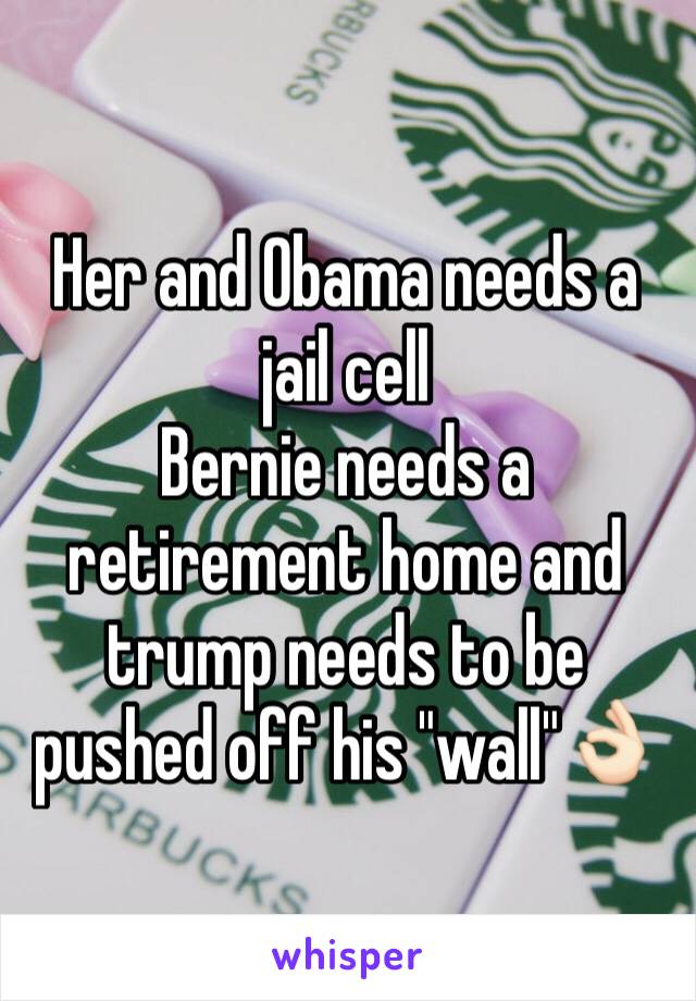 Her and Obama needs a jail cell
Bernie needs a retirement home and trump needs to be pushed off his "wall"👌🏻