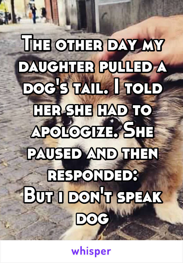The other day my daughter pulled a dog's tail. I told her she had to apologize. She paused and then responded:
But i don't speak dog