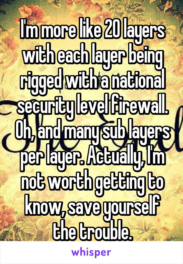 I'm more like 20 layers with each layer being rigged with a national security level firewall. Oh, and many sub layers per layer. Actually, I'm not worth getting to know, save yourself the trouble.