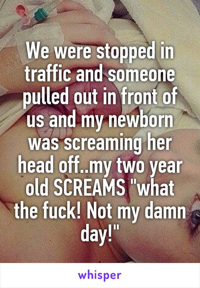 We were stopped in traffic and someone pulled out in front of us and my newborn was screaming her head off..my two year old SCREAMS "what the fuck! Not my damn day!"