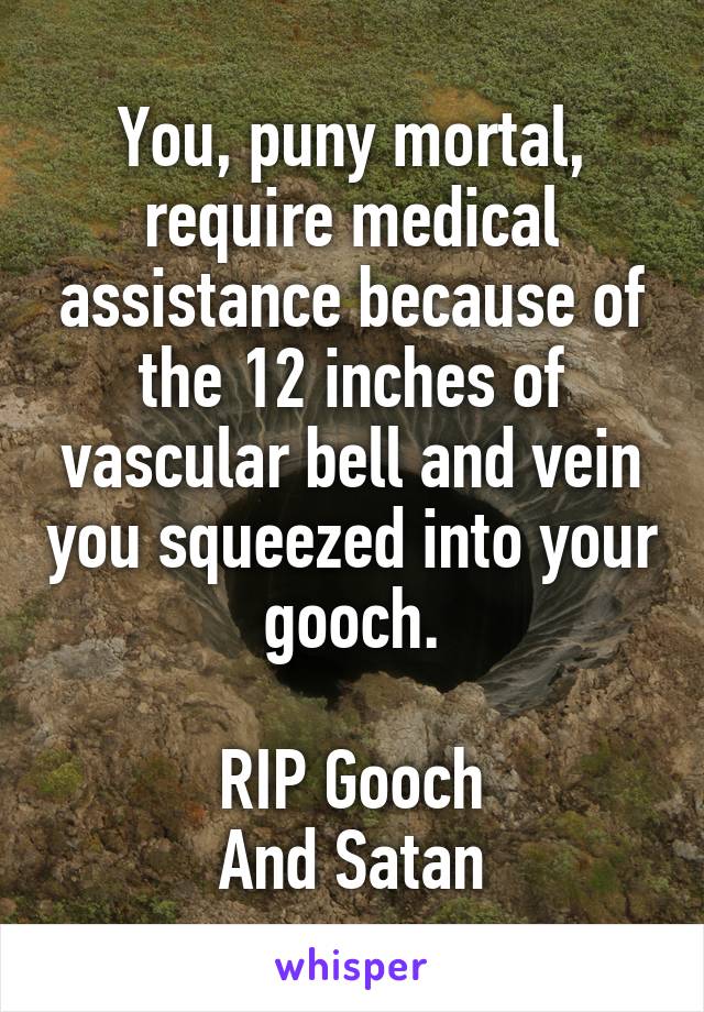 You, puny mortal, require medical assistance because of the 12 inches of vascular bell and vein you squeezed into your gooch.

RIP Gooch
And Satan