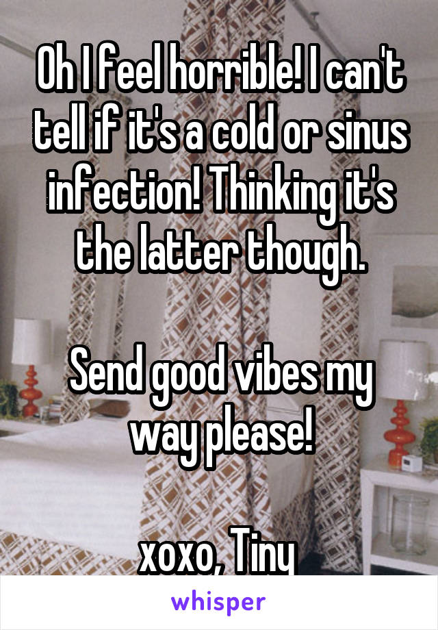 Oh I feel horrible! I can't tell if it's a cold or sinus infection! Thinking it's the latter though.

Send good vibes my way please!

xoxo, Tiny 